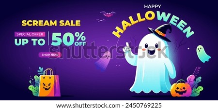 Spooky Halloween festive banner for sale 50% off with cute ghost spirit, bats, scary pumpkin, and shopping bag on an bright purple background. Halloween Sale Promotion Poster template. Halloween Party