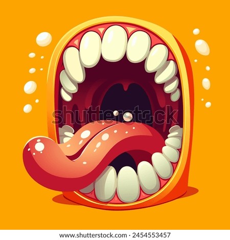 Monster mouth with tongue. Halloween scary and horror mouth monster teeth and tongue in mouth closeup. Funny facial expression zombie or alien character cartoon. Cute monster mouth orange background