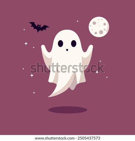 Сute ghost. Poltergeist. Flying ghost. Cute funny happy ghost. Scary spirit. Halloween phantom design in simple modern flat cartoon style. Spooky ghost. Isolated vector illustration of comical phantom