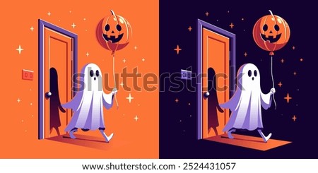 Halloween illustration. Ghost character. Halloween ghost by the door. Ghost holding a pumpkin balloon. Halloween phantom design. Spirit stands infront of the door. Samhain ghost. Halloween Poster