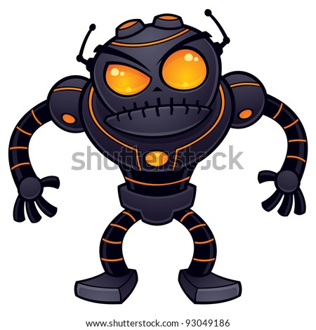 Vector cartoon illustration of an angry robot getting ready for battle. This mean and nasty robot is dark gray with orange eyes and highlights.