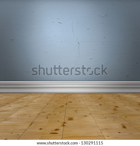 Interior design detail. Blue old  wall with  baseboard molding and wooden floor.