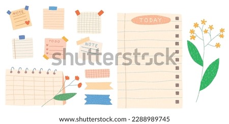 Collection of note paper, to do list, stickers templates, planner page with washi tape and flowers.  School scheduler and organizer. Flat vector with hand drawn texture
