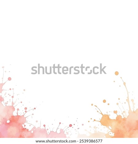 A soft, abstract watercolor background with a cluster of pink and orange splatters and dots in the bottom corners