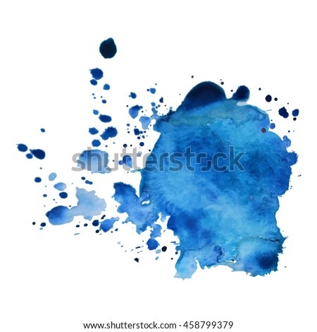 Expressive abstract watercolor stain with splashes and drops of blue color.