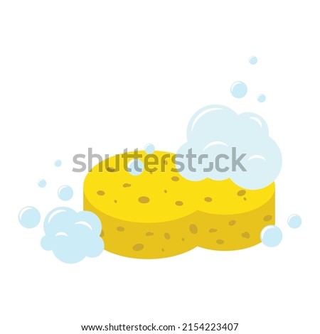 Yellow cleaning sponge with soap bubbles for washing and bathing. Vector illustration. 