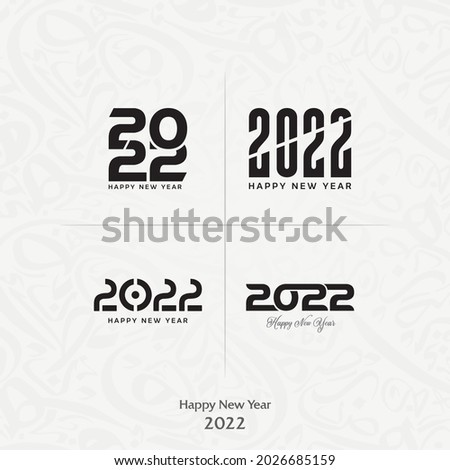 Big Set of 2022 Happy New Year logo text design. 2022 number design template. Collection of 2022 happy new year symbols. Vector illustration with black labels.