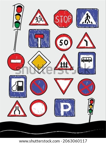 illustration of road signs in vector, children's drawings, cartoon road signs, traffic light, road, child's drawing with felt-tip pens in vector