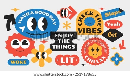 Trendy funny stickers. Quotes sign patch badge collection. Gen z and millenials slang. Cute character art.