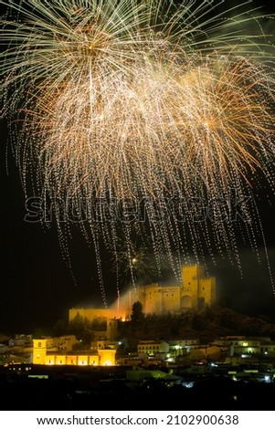 Fireworks in Velez Blanco summer holidays. Fuegos artificiales en Vélez Blanco. Stockfoto © 