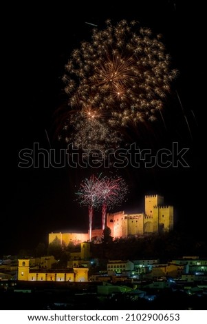 Fireworks in Velez Blanco summer holidays. Fuegos artificiales en Vélez Blanco. Stockfoto © 