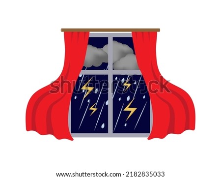 Thunderstorms and window in rainy season. Curtains are blown away by strong wind. Windy weather, rain, thunder, lightning outside window.  thunderstorm vector illustration