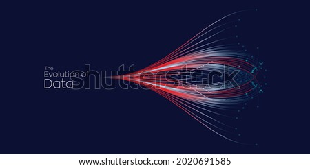 Evolution of data. Vector explosion motion dots lines background. Small particles strive out of center. vector illustration use for quantum technology, digital, science, music, communication.