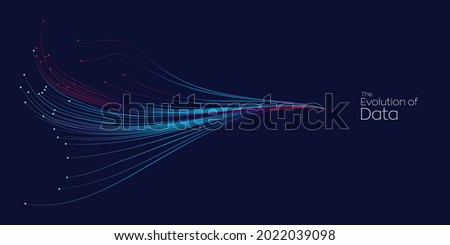 Evolution of data. Vector explosion motion dots lines background. Small particles strive out of center. vector illustration use for quantum technology, digital, science, music, communication. 商業照片 © 