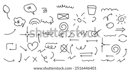 Hand-Drawn Doodle pen line elements Set Arrows, Speech Bubbles, Hearts, Stars, Swirls, anime mark and Decorative Lines for Design design for print