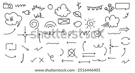 Hand-Drawn Doodle pen line elements Set Arrows, Speech Bubbles, Symbols, anime mark and Decorative Sketches for Creative design for print
