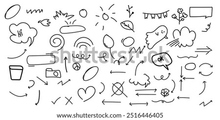 
Unique Hand-Drawn Doodle pen line Elements Camera, Arrows, anime mark, Clouds, Sun, Speech Bubbles, and Decorative Lines design for print