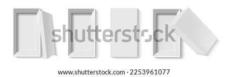 White box top view. White cardboard package box template. Realistic open and closed box mockup isolated on white background. Empty box vector