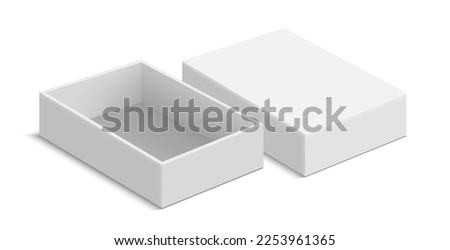 Open and closed empty white cardboard package box. Realistic box mockup isolated on white background. Square box container vector template