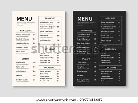 Menu template for restaurant and cafe. Minimalist restaurant menu booklet design. Brochure, cover, flyer design. Vector illustration