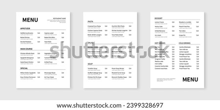 Minimalist menu layout template. Restaurant and cafe menu design. Vector illustration