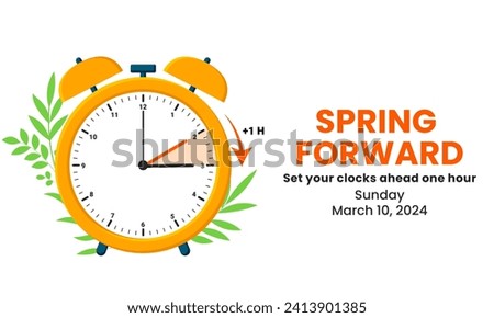 The concept of daylight saving time. Clocks are set one hour ahead. Spring forward, summer time web banner. Vector illustration