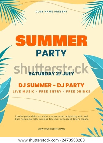 Summer party poster. Colorful music festival flyer with tropical leaf. Summer vacation and travel design. Vector illustration