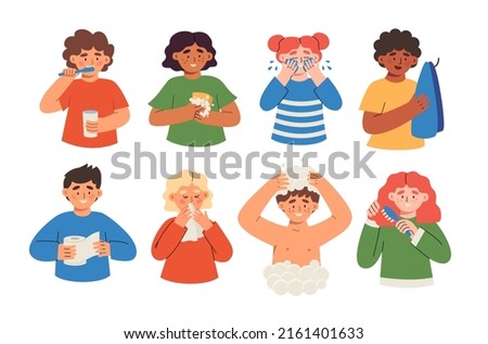 Children of different nationalities practise personal hygiene. Kids brush teeth, wash hands, wash, take a shower, comb  hair, use a handkerchief and toilet paper. Set of good children hygiene habits.  Stockfoto © 