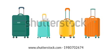 A set of cartoon colored suitcases on wheels. Various plastic, fabric vector illustrations of luggage. Various travel suitcases, business cases, travel luggage, travel cover leisure tourism shopping 