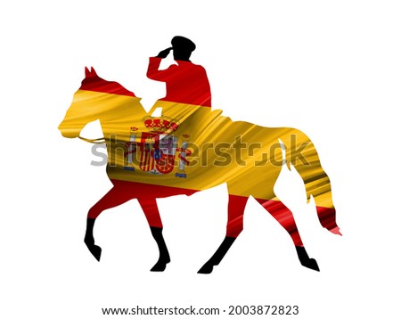 Spain national flag pinned on stallion horse and officer silhouette