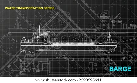 Barge or Landing Craft Tank model. Line art sketch wallpaper of water transportation series. Drafting art. Grid lines drawing against dark background. 