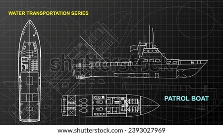 Patrol Boat model. Line art sketch wallpaper of water transportation series. Drafting art. Grid lines drawing against dark background. 