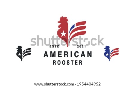 American Rooster Logo Design Inspiration - Isolated vector Illustration on white background - Creative retro or vintage logo, icon, symbol, sticker, emblem, badge - Rooster and Flag combination