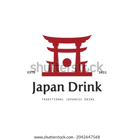 Japanese Coffee, Drink Logo vector on isolated background- Creative negative space  icon, symbol combination featuring a coffee cup and Tradional Japanese Gate, historical building landmark