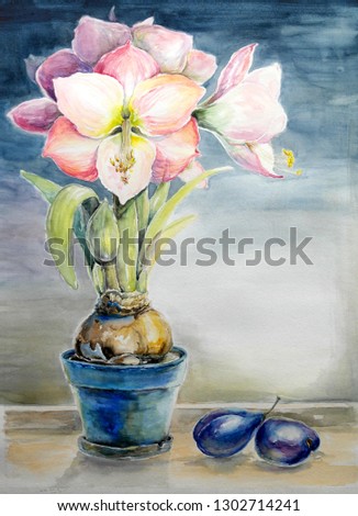 Watercolor paintings still life, flowers in a vase, fine art.