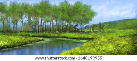 Paintings landscape with lake and forest. Fine art.
