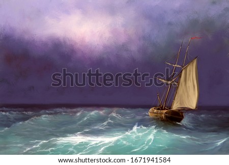 Oil paintings sea landscape, ship in the sea. Fine art.