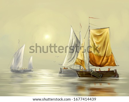 Digital paintings sea landscape, sailing boat on the sea. Fine art.