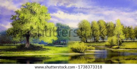 Oil paintings landscape, landscape with trees and lake. Fine art