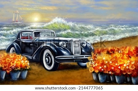 Oil paintings landscape, fictional car on the beach. Sea landscape, fine art