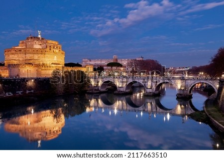Night falling over Tiber river, Castel Sant'Angelo and Ponte Sant'Angelo of the Vatican City, in Rome, Italy, Europe. Photo stock © 