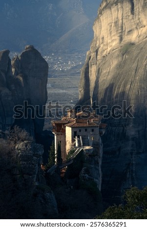 Similar – Foto Bild Kloster auf einem riesigen Felsen in Meteora, Griechenland mit Bergkette und dramatischen Wolken