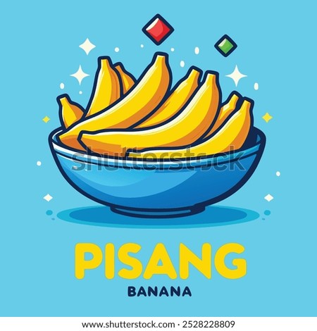 Cute cartoon bowl of yellow bananas. Perfect for food, health, and tropical themes. Ideal for menus, recipes, and children's books. Add a touch of fun to your designs with this colorful vector graphic