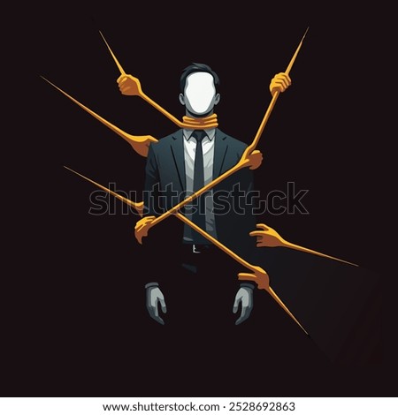 faceless man, hands, control, manipulation, restraint, surreal art, power, pressure, emotional suppression, psychological concept, abstract figure, dark illustration, identity, struggle, bound figure.