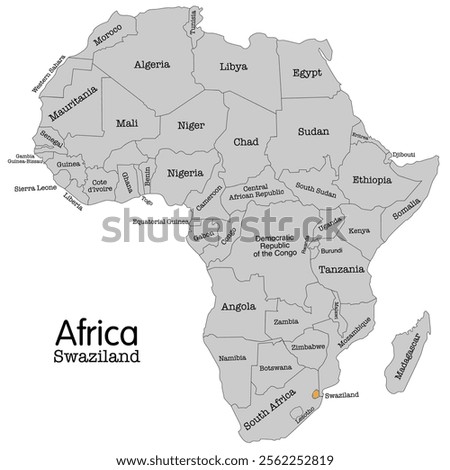 Editable vector map of Africa highlighting Swaziland. Ideal for educational, geographical, and travel-related projects. Swaziland vector map silhouette isolated on Africa map.