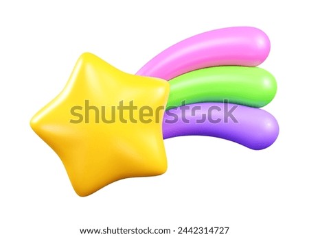 3d shooting star with rainbow tail cute vector icon isolated on white background