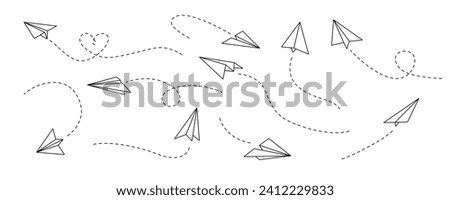 Vector paper airplane. Outline flying planes with dotted track direction. Travel or message symbol. Black linear paper plane icon