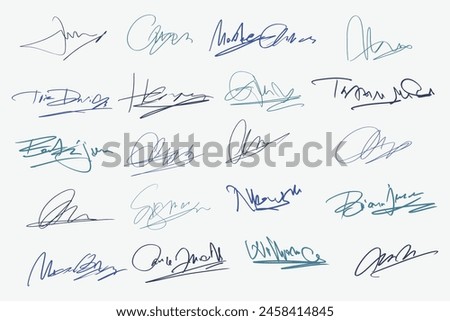 Signatures set. Fictitious handwritten signatures for signing documents on white background. 