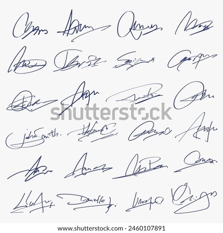 Signatures set. Fictitious handwritten signatures for signing documents on white background. 