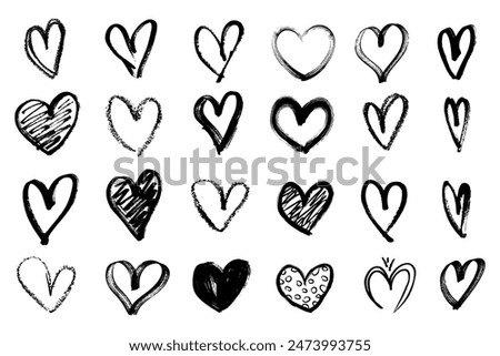 Grunge hearts icons. scribble ink grunge heart shapes icons drawn with markers and crayons set